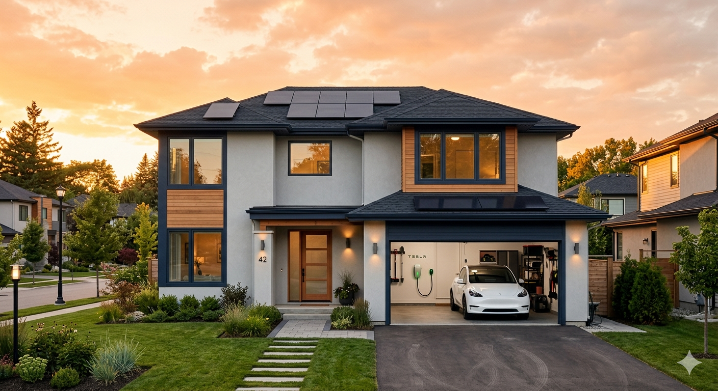 Modern home with solar panels and Tesla EV charging in garage at sunset