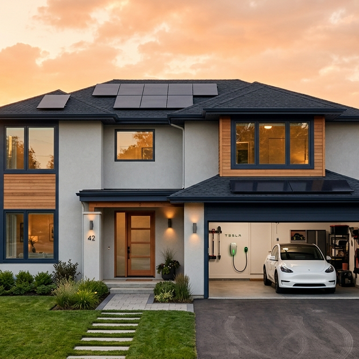 Modern home with solar panels and Tesla EV charging in garage at sunset