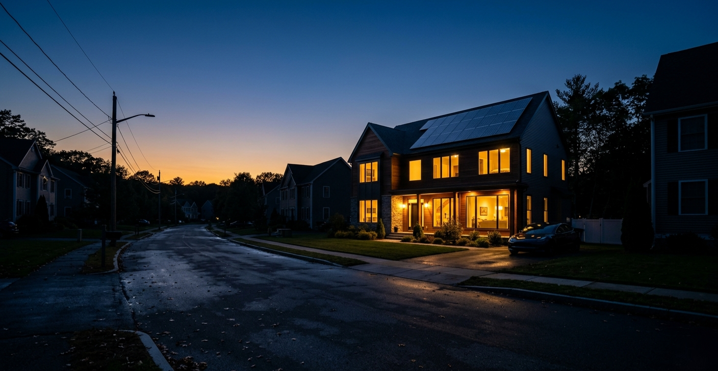 Home with solar panels and battery backup staying powered during grid outage