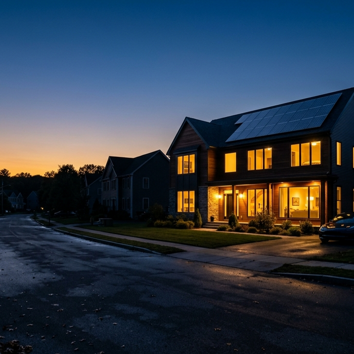 Home with solar panels and battery backup staying powered during grid outage