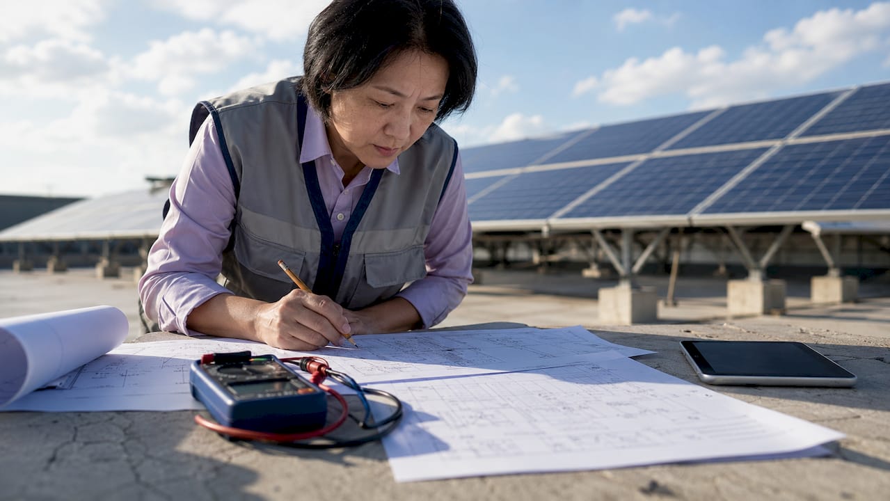 Engineer reviewing commercial solar charging integration plans