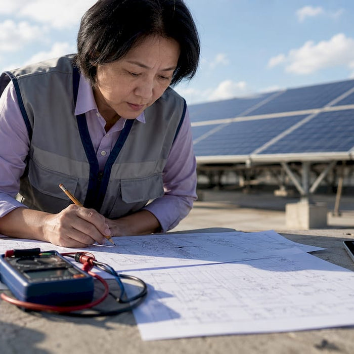 Engineer reviewing commercial solar charging integration plans