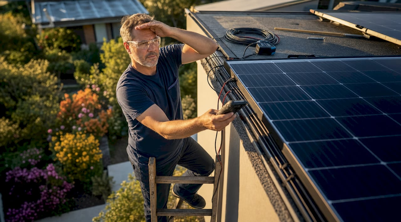 Homeowner inspecting rooftop solar panel wiring