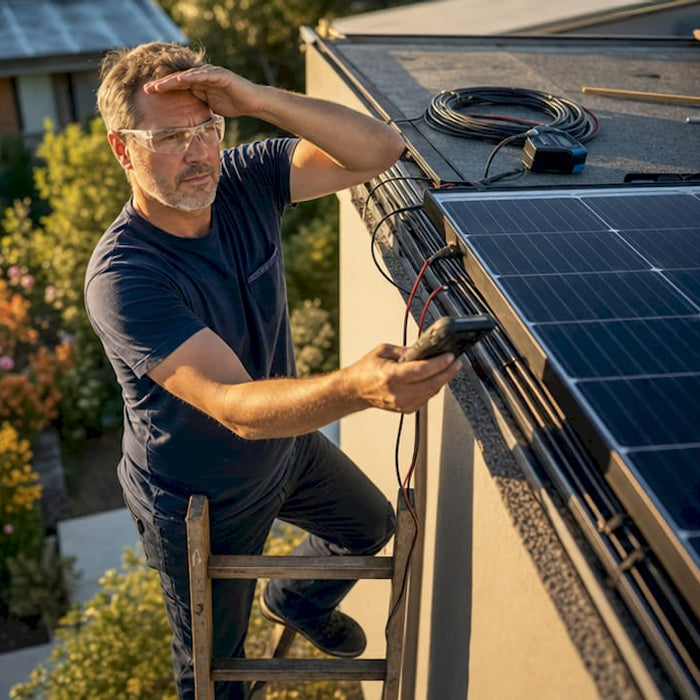 Homeowner inspecting rooftop solar panel wiring
