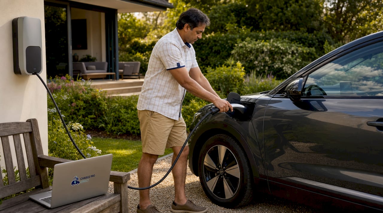 Man plugging in electric vehicle at home charger