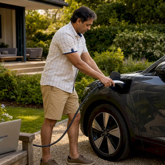 Man plugging in electric vehicle at home charger