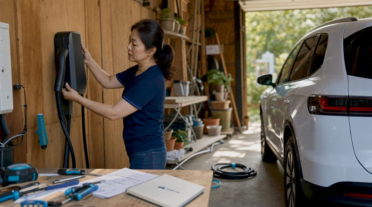 Woman installing EV home charger in garage