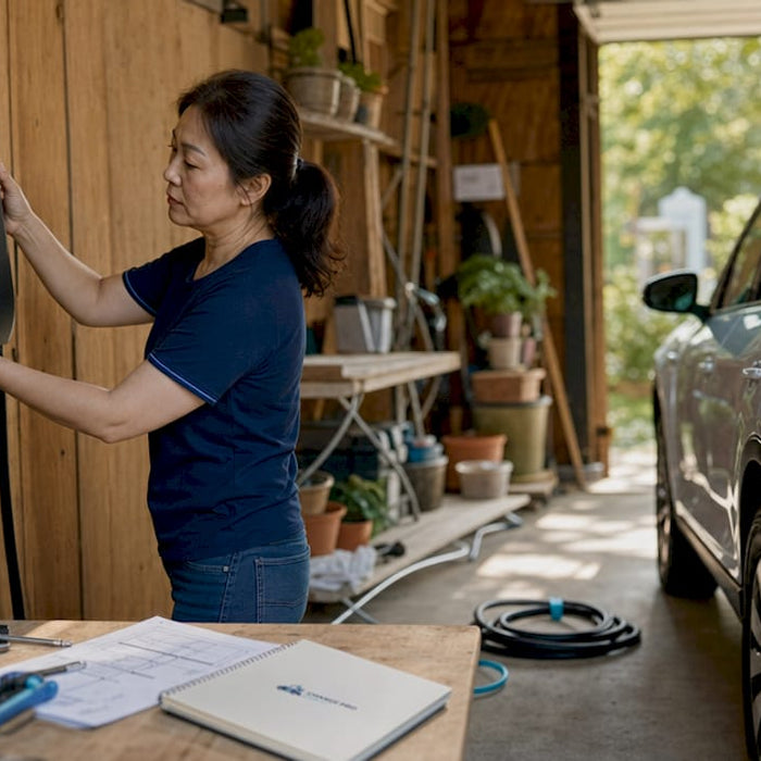 Woman installing EV home charger in garage