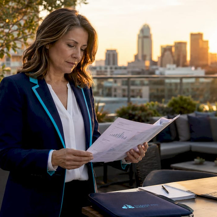 Fleet manager reviewing electric vehicle data at desk