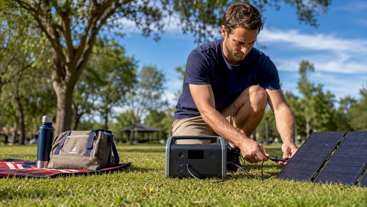 Man setting up solar generator outdoors