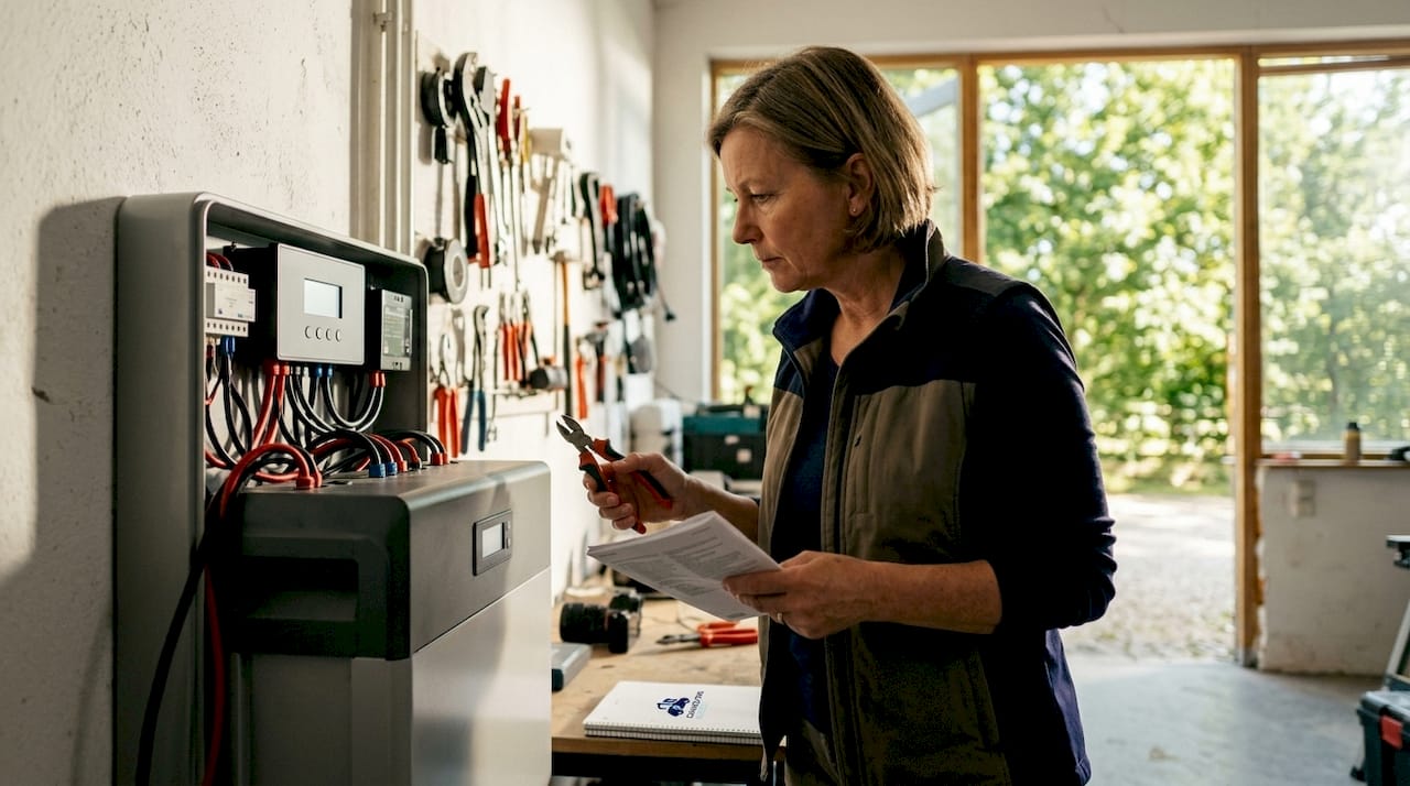 Homeowner inspecting battery backup system in garage