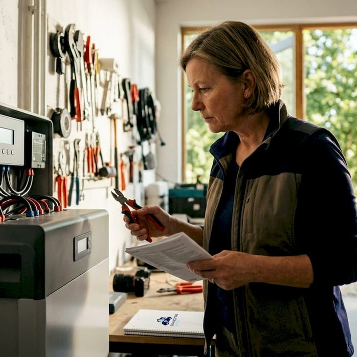 Homeowner inspecting battery backup system in garage