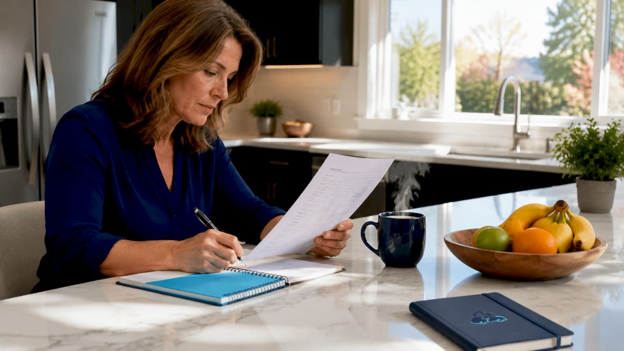 Woman calculating home solar battery size at desk