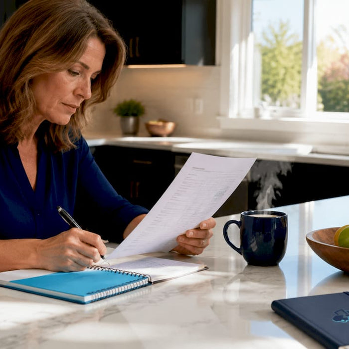 Woman calculating home solar battery size at desk