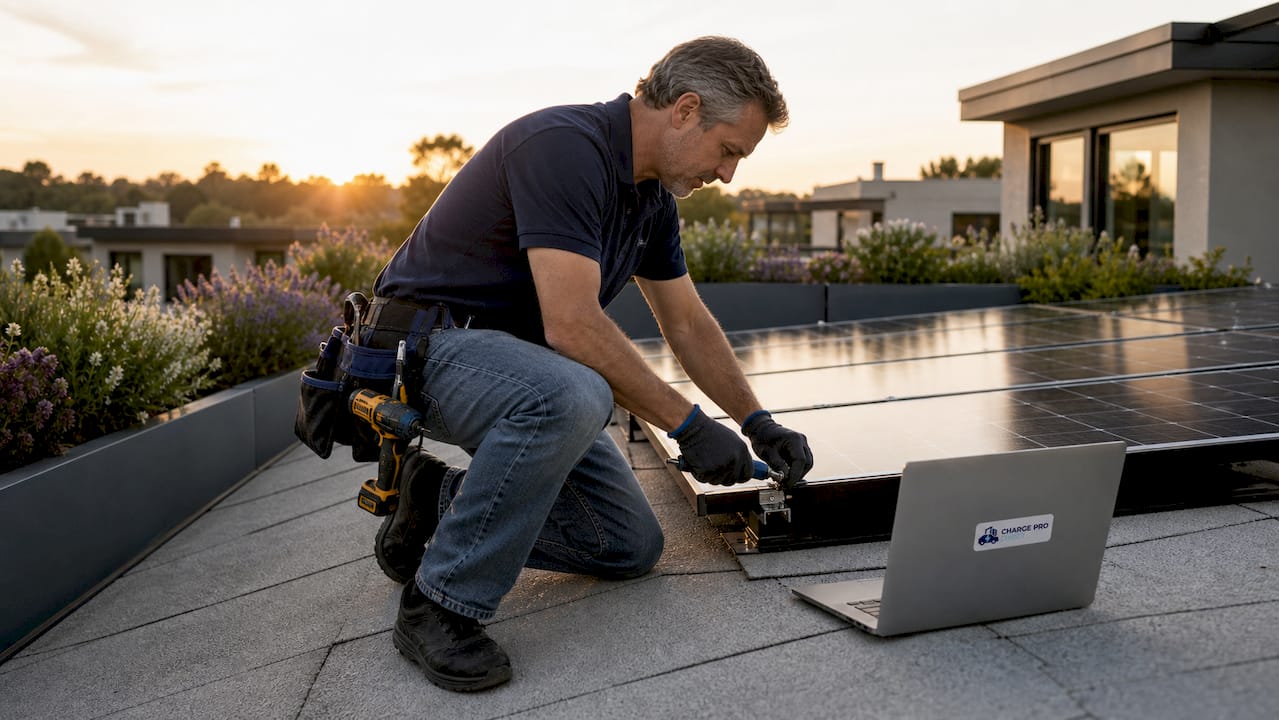 Homeowner installing solar panels on roof