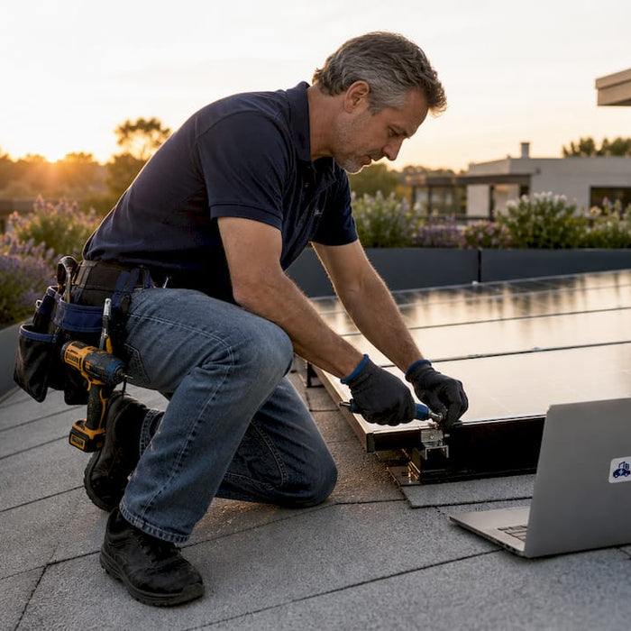 Homeowner installing solar panels on roof