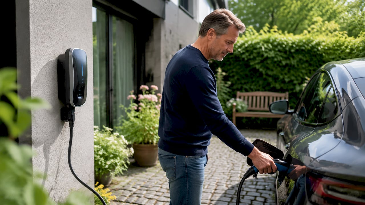 Man connecting Level 2 EV charger outdoors at home driveway