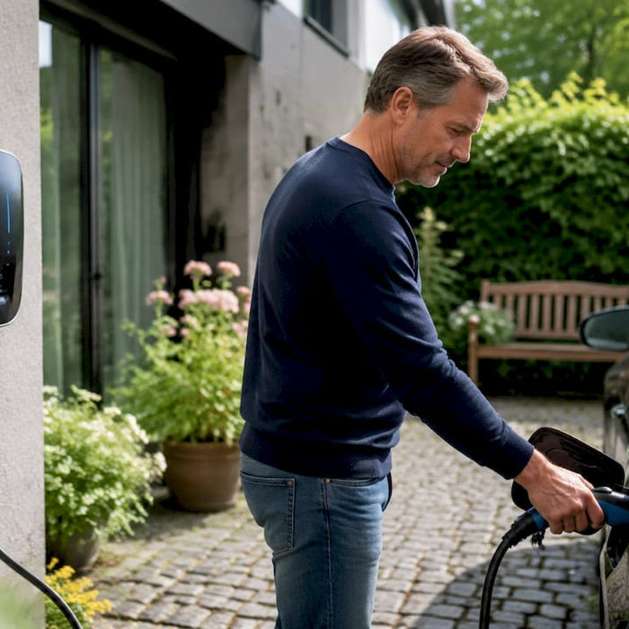 Man connecting Level 2 EV charger outdoors at home driveway