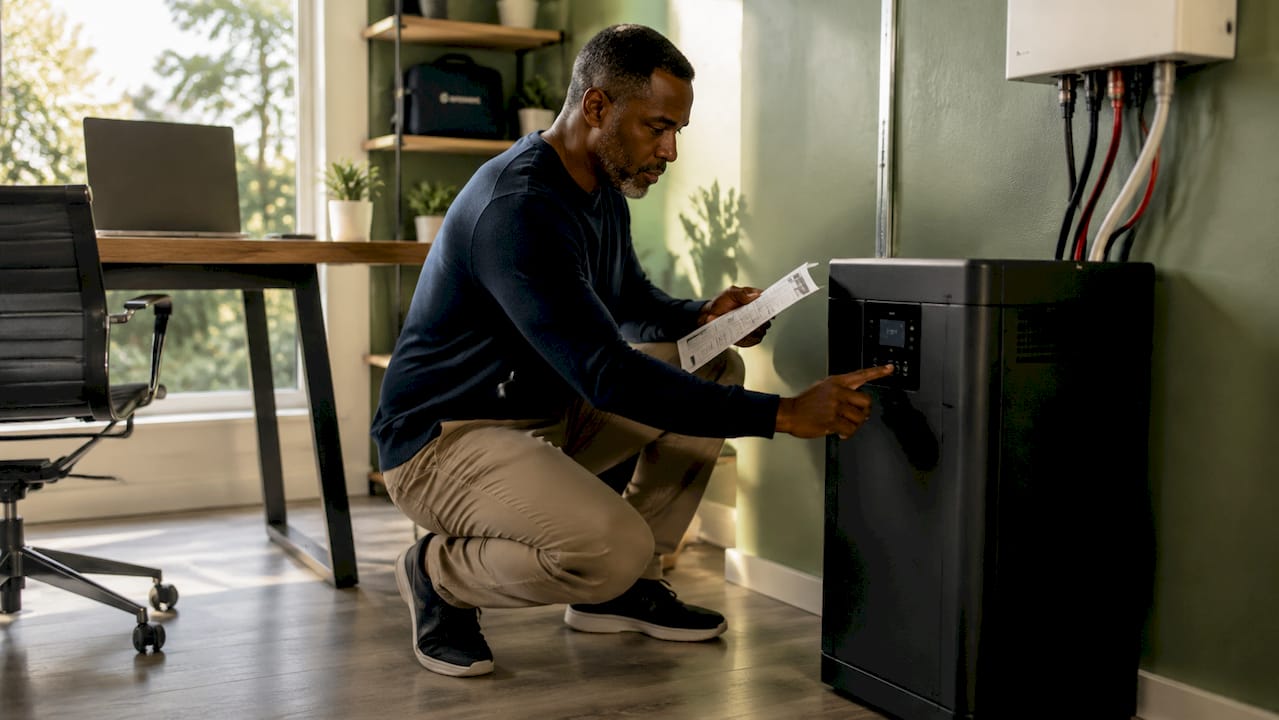 Man consulting home battery backup installation guide