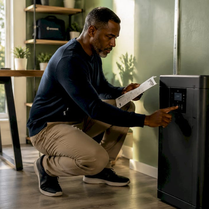 Man consulting home battery backup installation guide