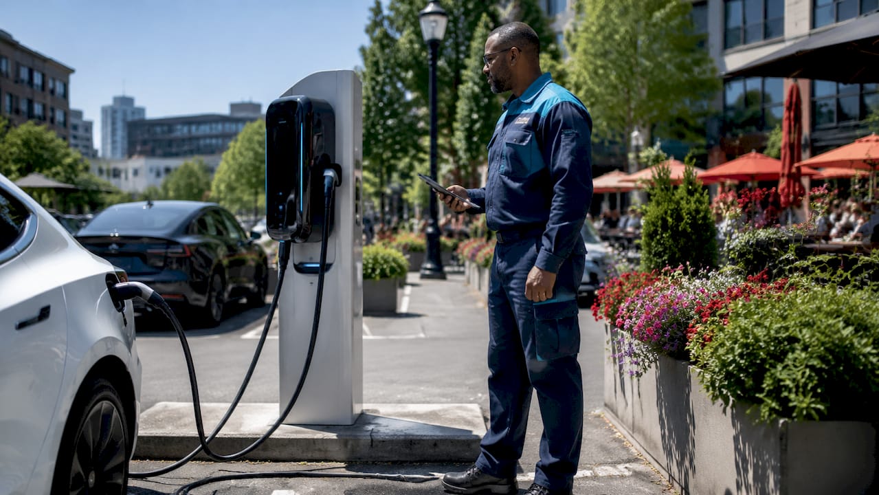 Technician inspecting commercial EV charging station outdoors