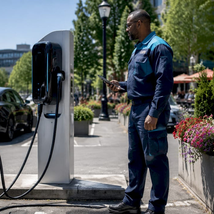Technician inspecting commercial EV charging station outdoors