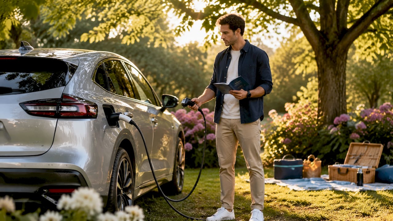 Man standing by hybrid car holding charging cable and manual