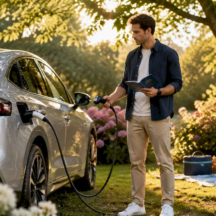 Man standing by hybrid car holding charging cable and manual