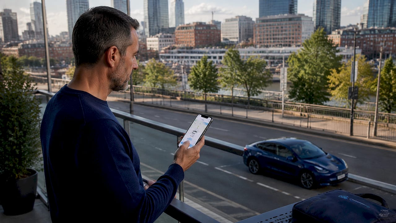Person checking electric car range on smartphone