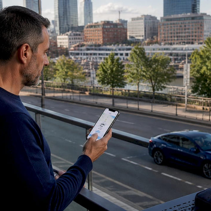 Person checking electric car range on smartphone