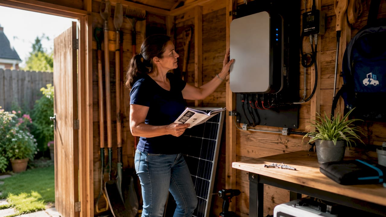 Woman installing solar battery in home garage