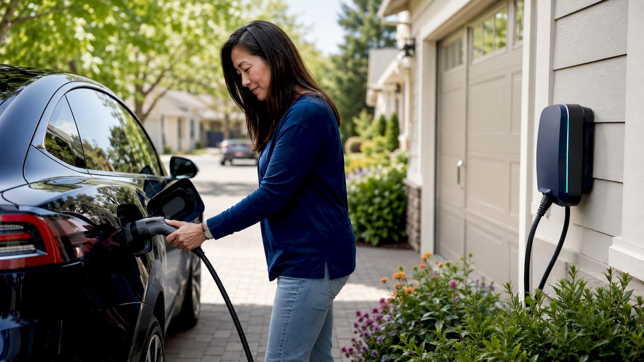 Woman connecting electric car charger at home