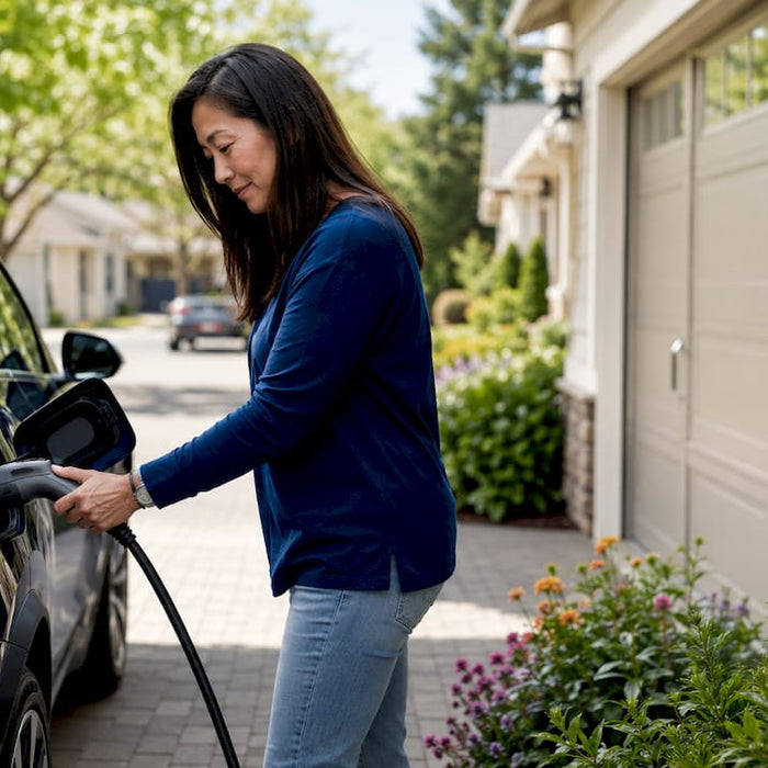 Woman connecting electric car charger at home