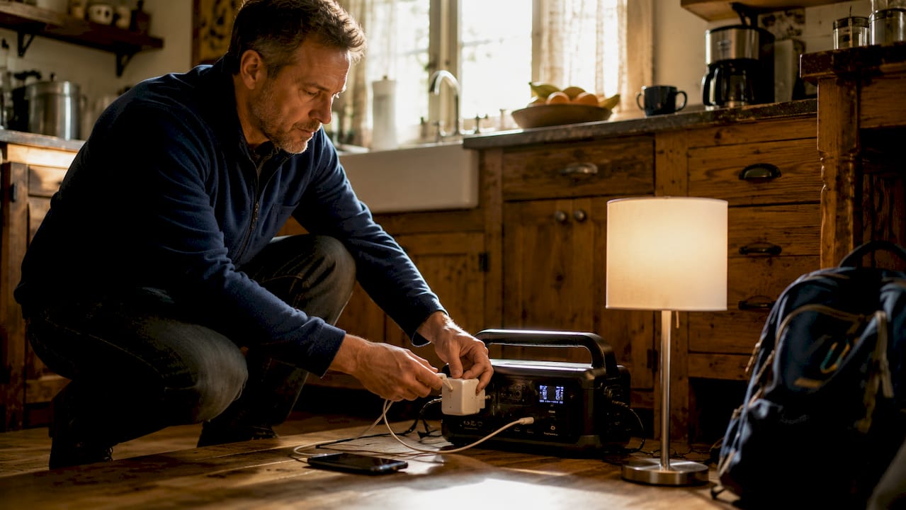 Man using portable power station at home during outage