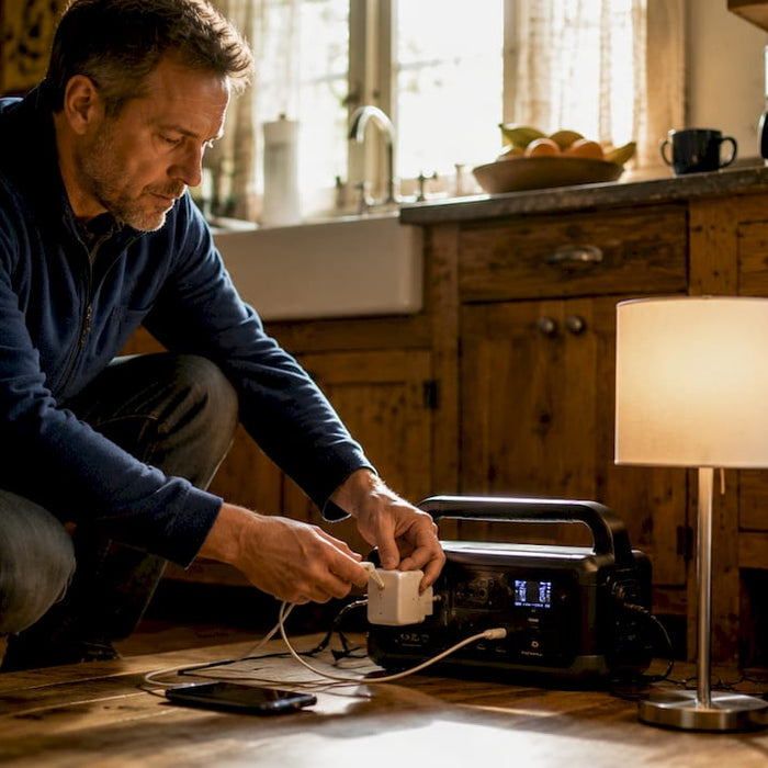 Man using portable power station at home during outage
