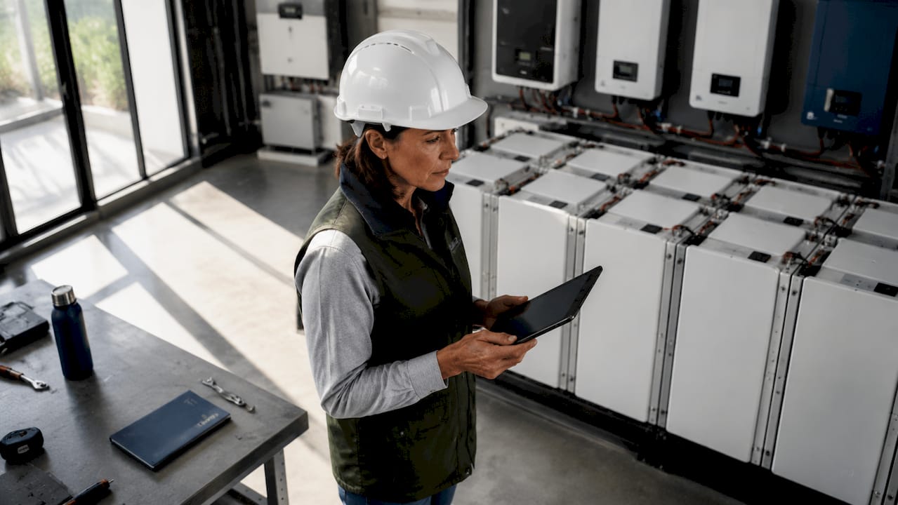 Technician inspecting solar battery storage system