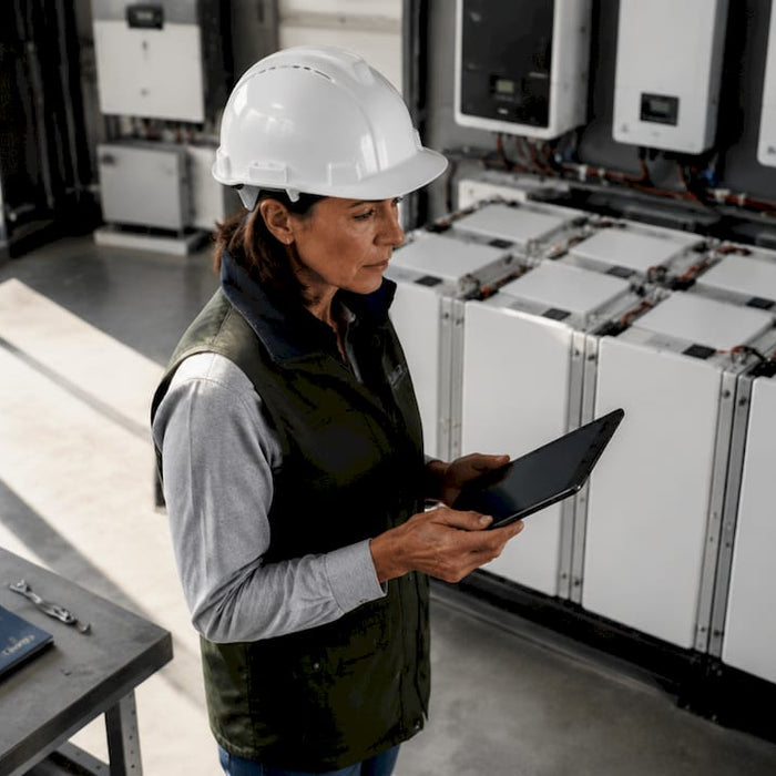 Technician inspecting solar battery storage system