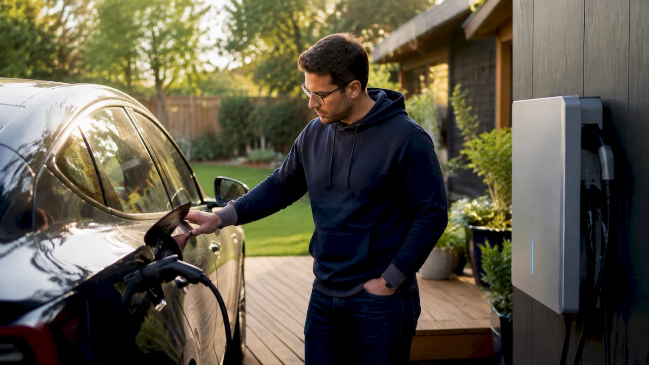 Man inspecting home battery paired with electric vehicle