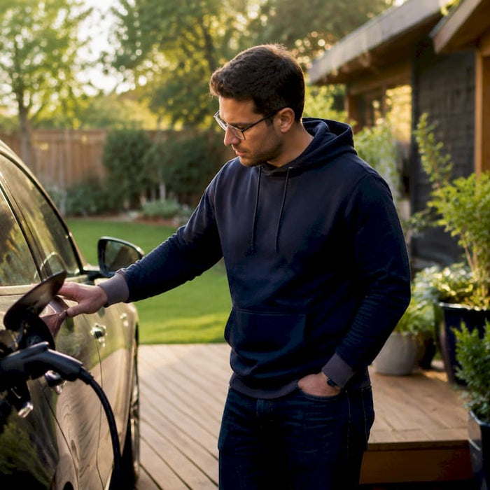 Man inspecting home battery paired with electric vehicle