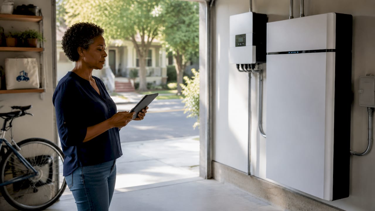 Woman inspecting home energy storage battery in garage