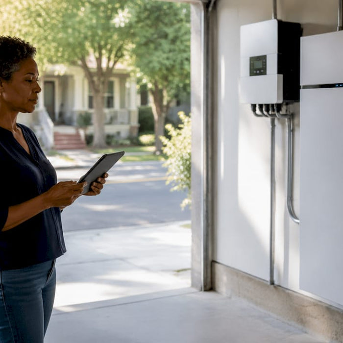 Woman inspecting home energy storage battery in garage
