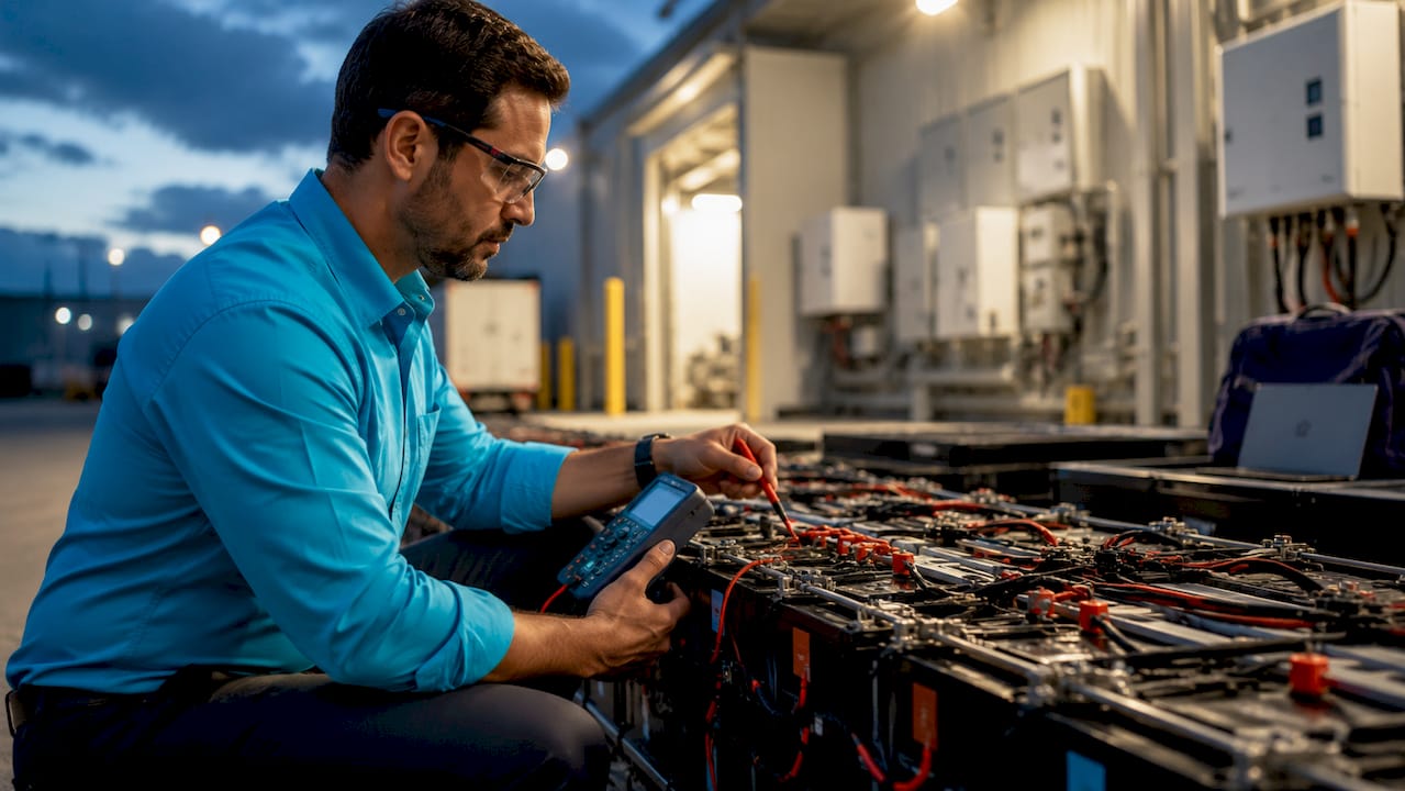 Engineer inspecting commercial battery backup system