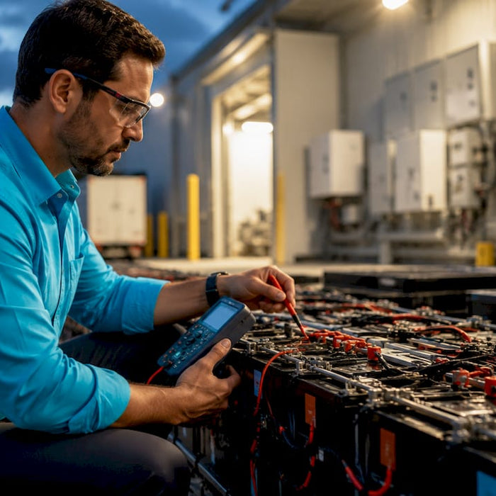Engineer inspecting commercial battery backup system
