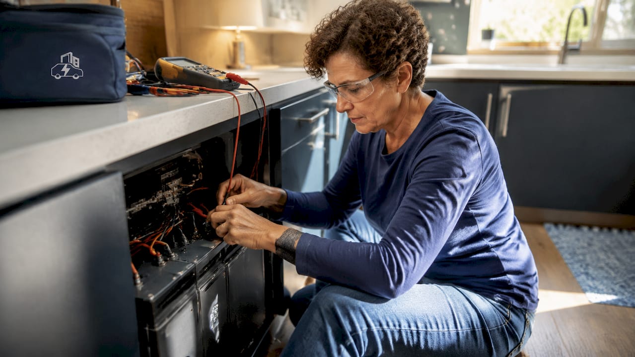 Woman wiring home battery backup unit