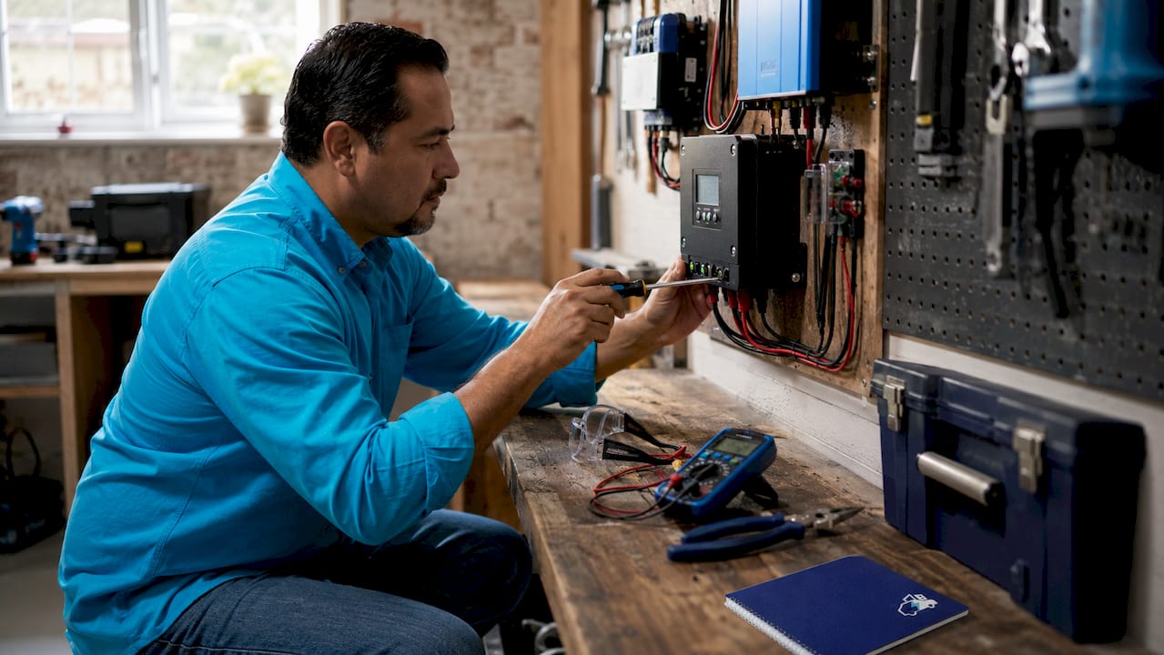Man installing solar charge controller in home workshop