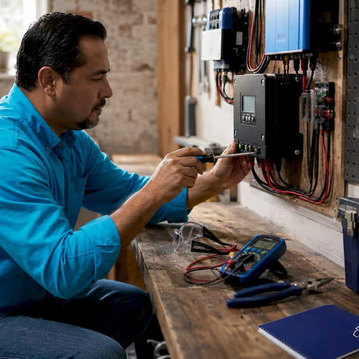 Man installing solar charge controller in home workshop
