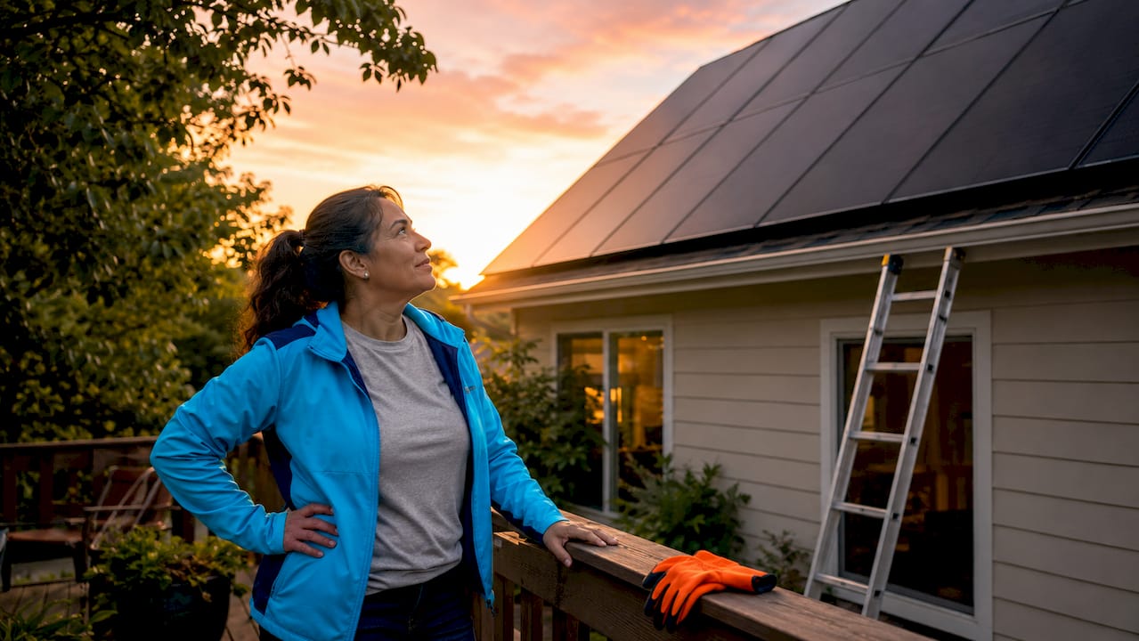 Homeowner inspecting rooftop solar panels
