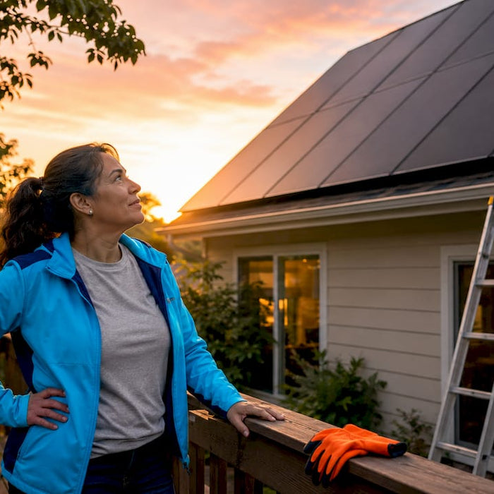 Homeowner inspecting rooftop solar panels