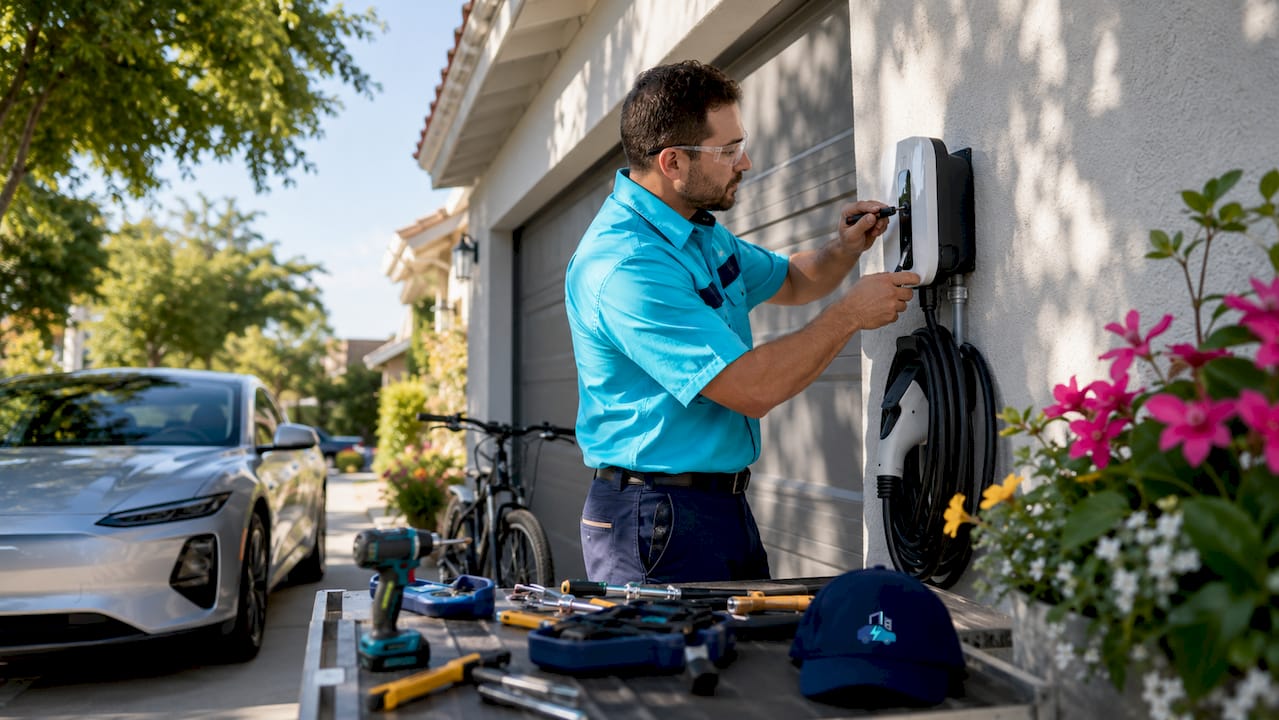 Electrician installing J1772 EV charger at home