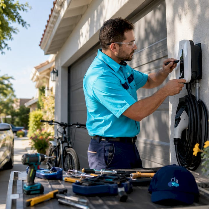 Electrician installing J1772 EV charger at home